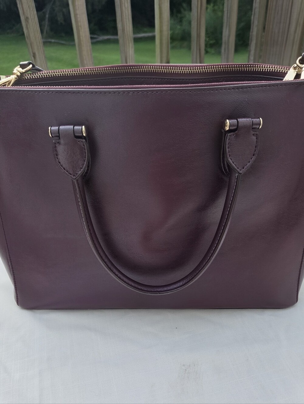 Lauren Ralph Lauren Burgundy Double Zip Leather Satchel with Gold Hardware - Picture 8 of 15